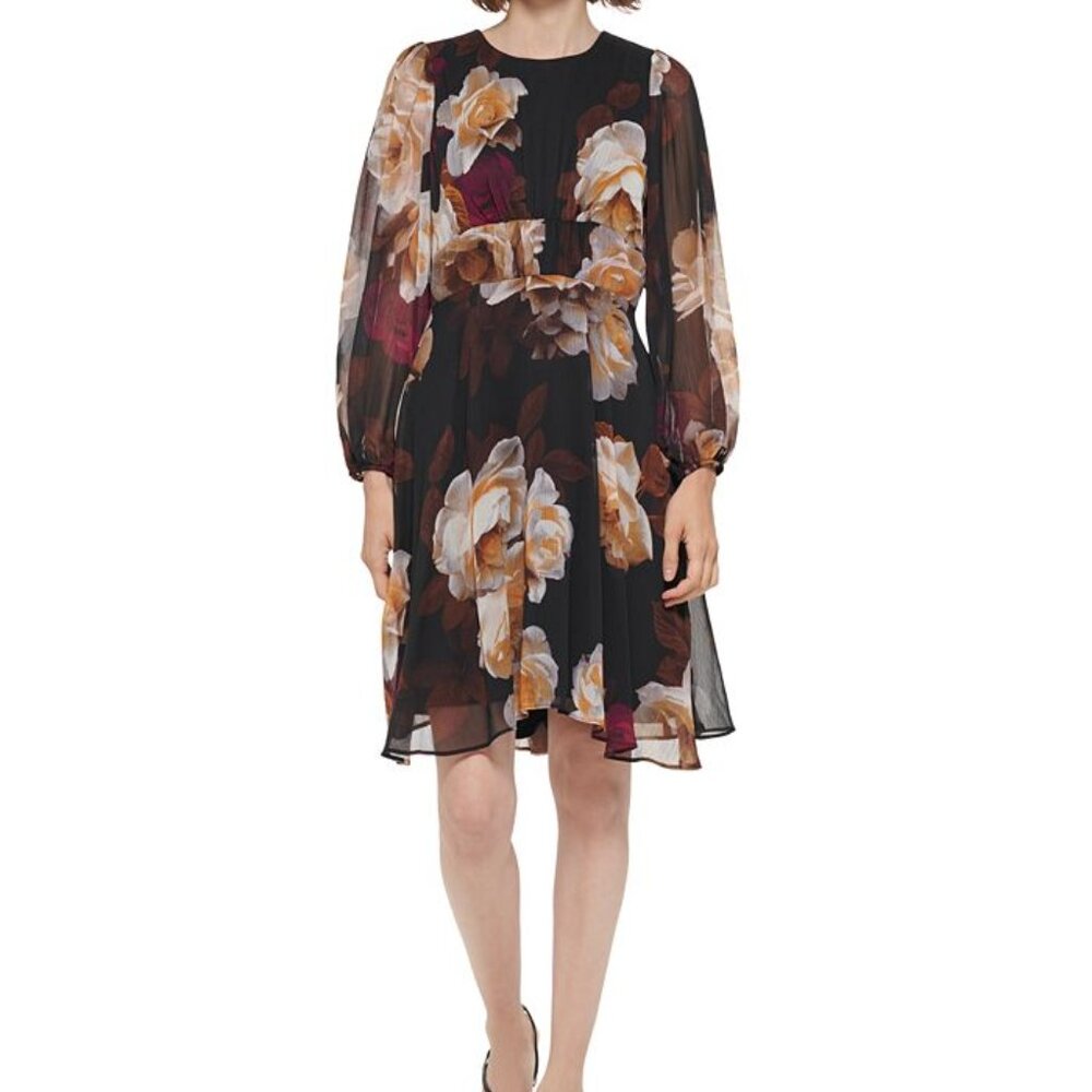 Calvin Klein Women's Floral Print Chiffon Wear To Work Dress Size 14